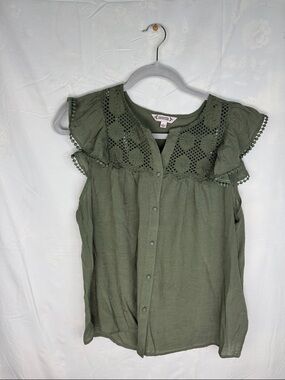 Nanette Olive Crochet Yoke Flutter Sleeve Button-Front Top